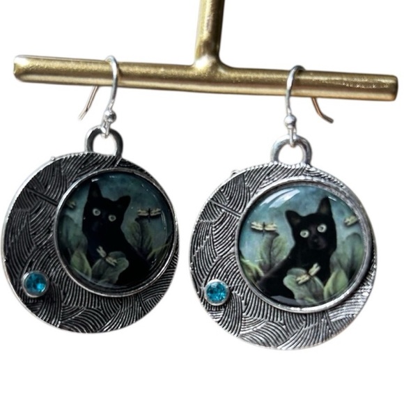 New Black Cat Crystal Earrings - Picture 1 of 4
